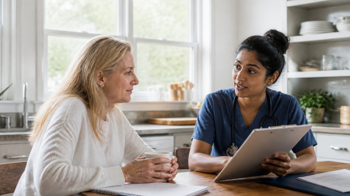 Woman in consultation room speaking with healthcare provider, both reviewing medical notes and discussing treatment options with natural clinic lighting