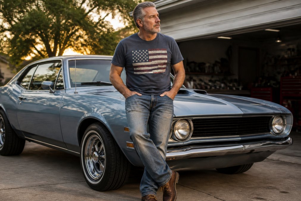 Man in a patriotic tee leaning against a vintage muscle car, one of our favorite men's clothing brands picks.