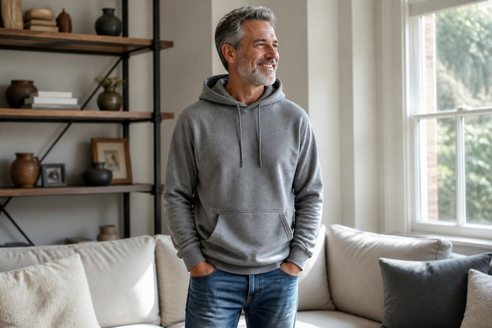 A mature man in his 50s smiling while wearing a comfortable-looking hoodie and jeans, standing in a bright, relaxed living room setting with natural window light