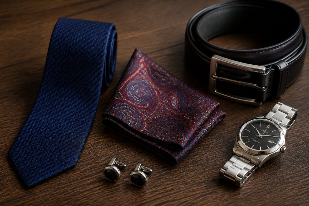 Flat lay of men's formal accessories arranged neatly on a dark wooden surface: a silk tie, folded pocket square, pair of cufflinks, a dark leather belt, and a stainless steel dress watch under warm directional lighting