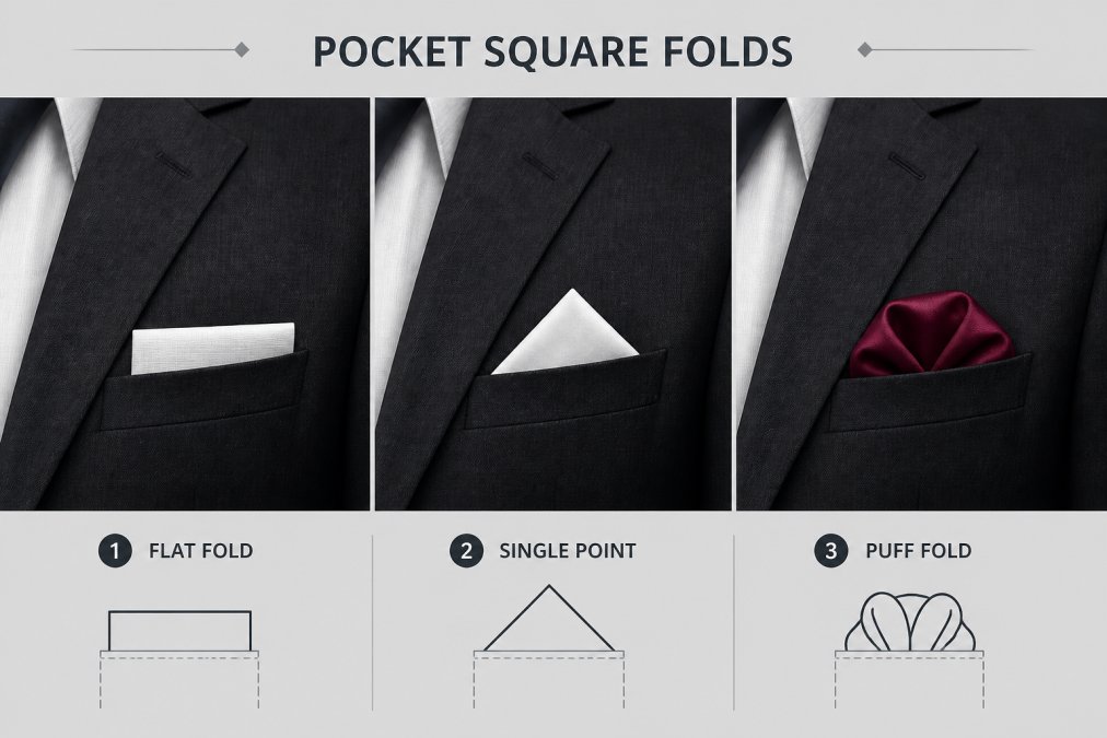 Close-up of a man's charcoal suit jacket breast pocket showing three pocket square folds side by side: a white linen flat fold, a single white point fold, and a burgundy silk puff fold, photographed under studio lighting against a dark background