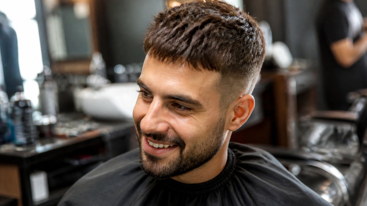 A well-groomed man in his 30s with a modern textured crop haircut sitting in a barbershop chair, smiling naturally, soft warm lighting, relaxed studio atmosphere