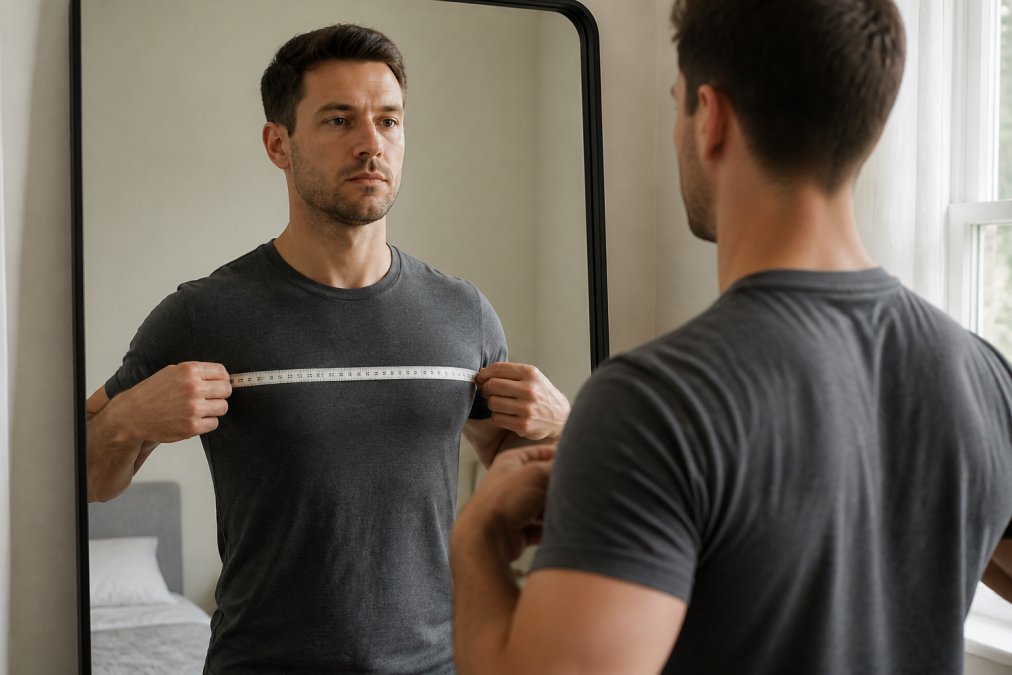 Man measuring his chest across the fullest part with a soft measuring tape while standing straight in front of a mirror, wearing a fitted t-shirt, natural daylight from a window