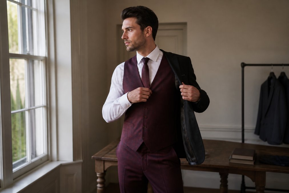 Man wearing a burgundy waistcoat with matching trousers and a crisp white dress shirt, adjusting the lapel of a darker jacket in a well-lit room with soft natural light from windows