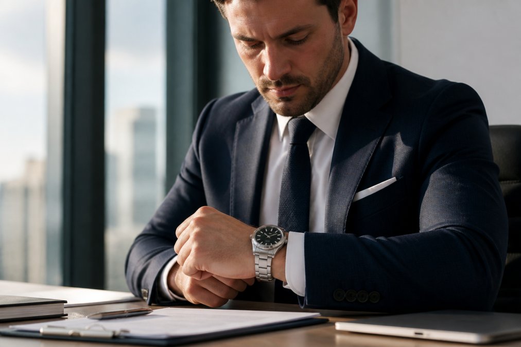 Professional man in business attire wearing a premium stainless steel watch with sapphire crystal at office desk, morning light highlighting the watch face and integrated bracelet detail