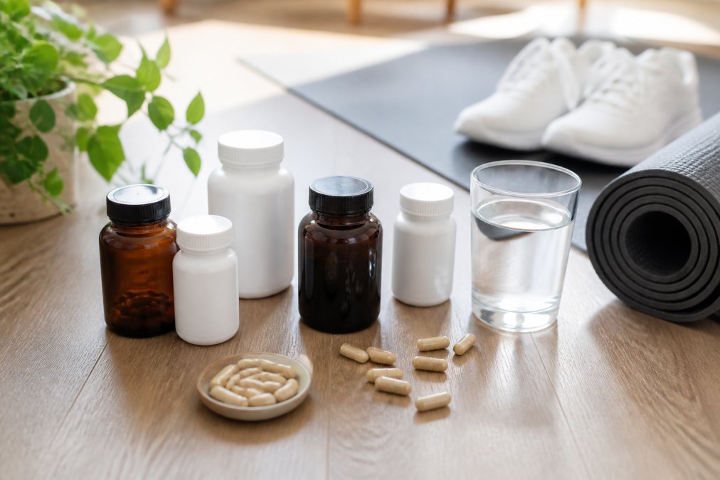 A flat lay photo of various supplement bottles, capsules, and a glass of water on a clean, bright surface, with a yoga mat and sneakers softly blurred in the background