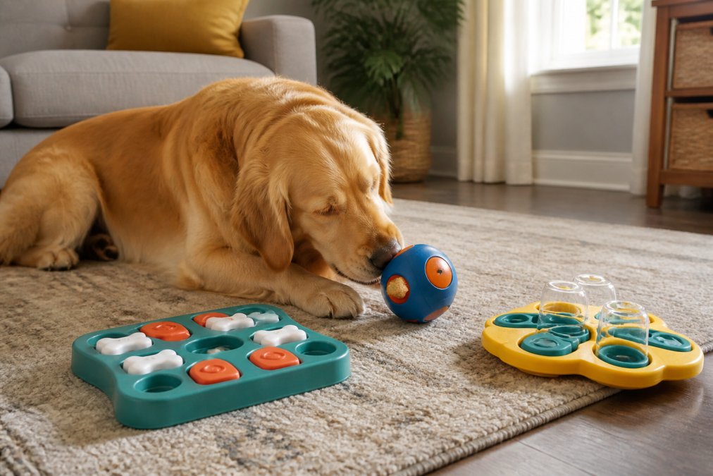 A happy golden retriever lying on a living room rug, nudging a rolling treat-dispensing toy with its nose while several puzzle toys sit arranged nearby in warm afternoon light
