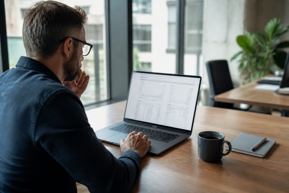A business owner reviewing a subscription revenue dashboard on a laptop in a modern office, coffee cup nearby, natural window light