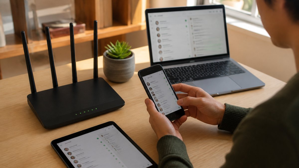 A person setting up a smartphone on a wooden desk beside a Wi-Fi router, with a tablet and laptop nearby showing messaging app screens, warm afternoon light