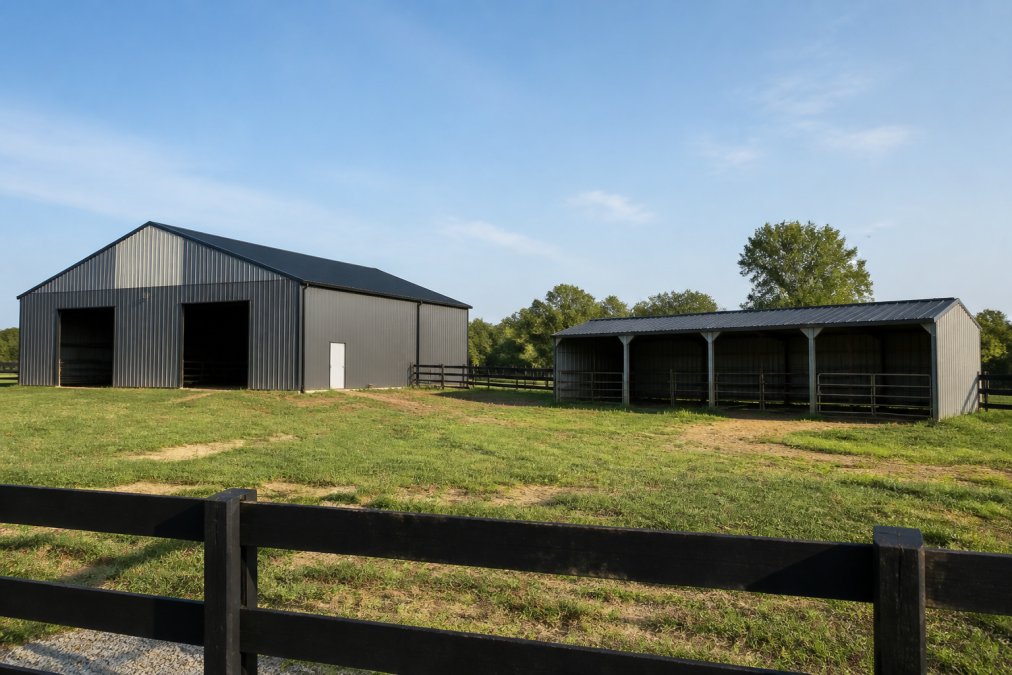 Metal barn and livestock run-in shed in a green pasture with a wooden fence under a clear blue sky