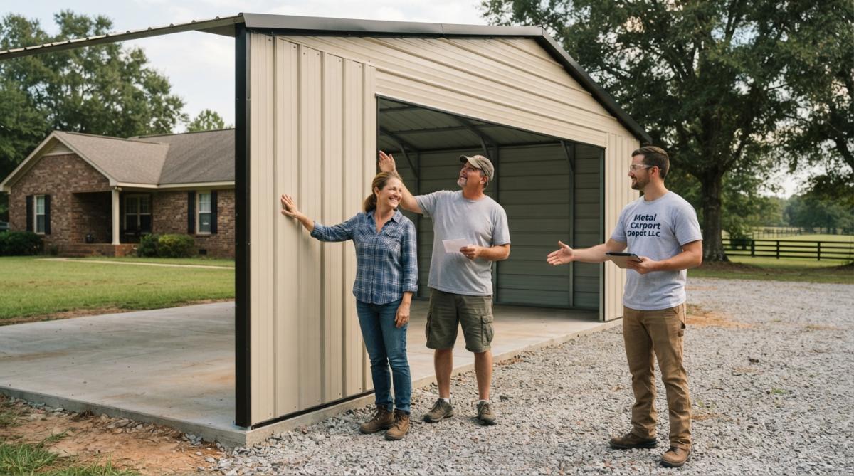 Homeowner inspecting a new metal garage after securing metal building financing for their property improvement.