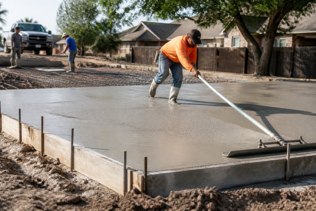 Worker smoothing a concrete slab foundation with rebar and anchor bolts for a metal building foundation