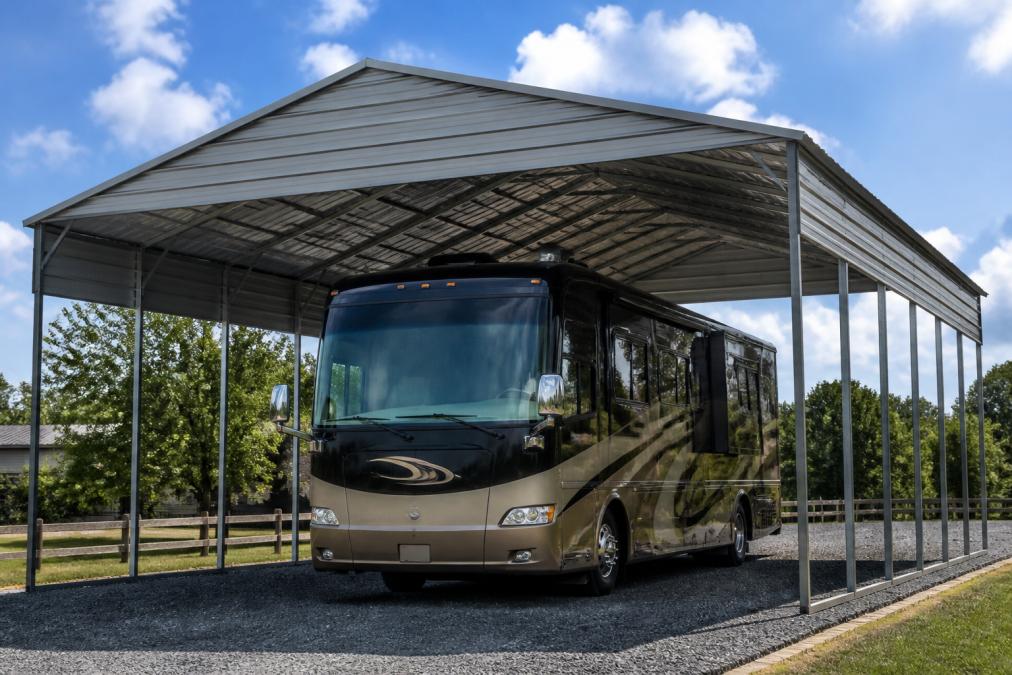 Infographic diagram illustrating the best metal carport for wide RV storage with high clearance dimensions.