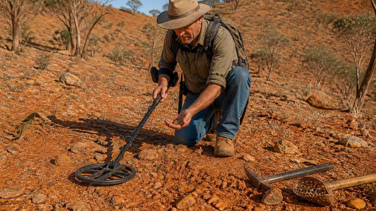 Experienced prospector crouching in red soil of goldfield terrain, holding a metal detector with visible search coil, sunlit landscape with sparse vegetation in background
