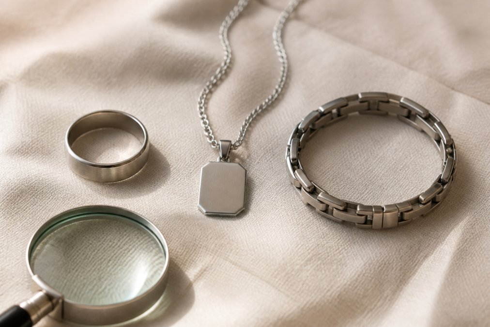 A flat lay of hypoallergenic jewelry pieces: a brushed titanium ring, a platinum pendant, and a stainless steel bracelet arranged on soft cream linen, with a small magnifying glass resting nearby in warm natural light