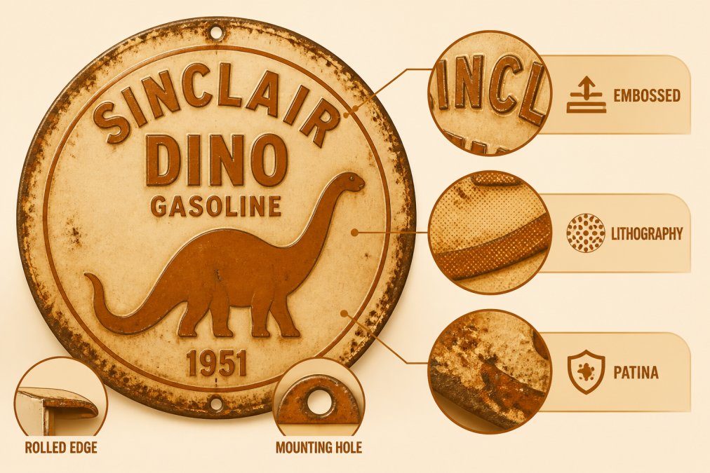 Close-up of vintage metal sign showing embossed lettering, lithography patterns, and distressed patina finish with rust-effect aging details on a textured surface