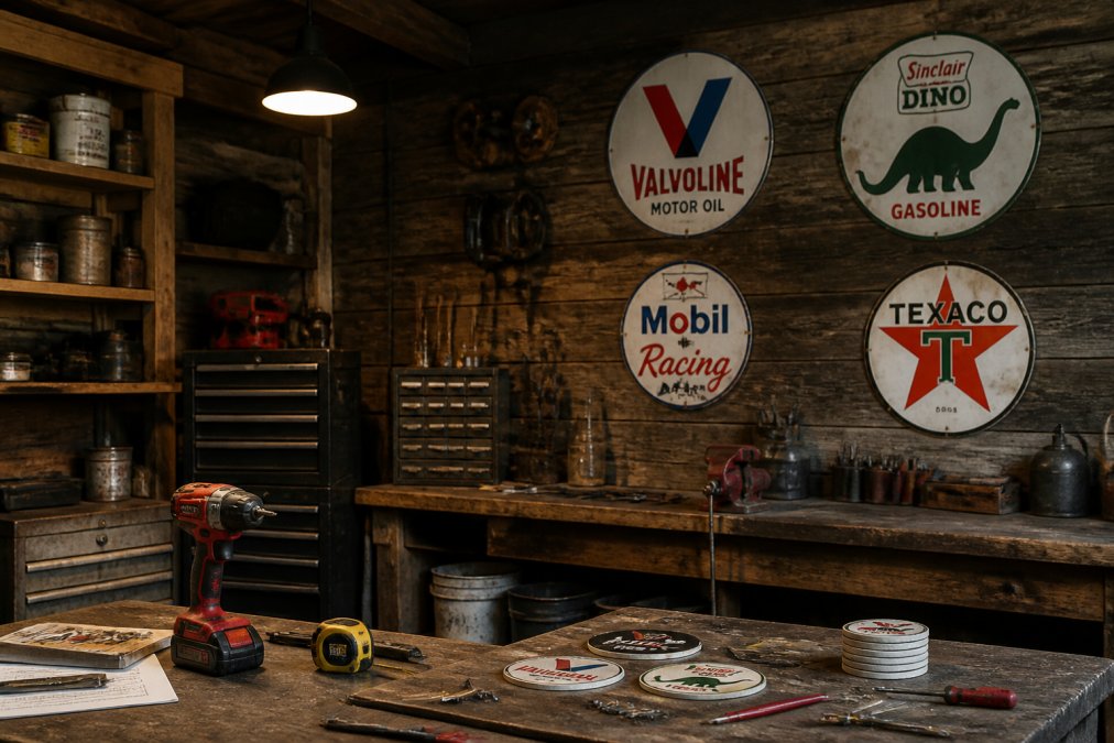 Man cave or garage interior with vintage gas station and automotive metal signs mounted on walls at varying heights with warm accent lighting and rustic wooden shelving