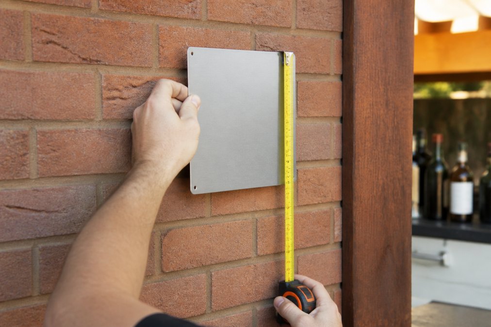 Close-up of a hand holding a small aluminum bar sign against an exterior brick wall, checking placement with a tape measure, warm afternoon light