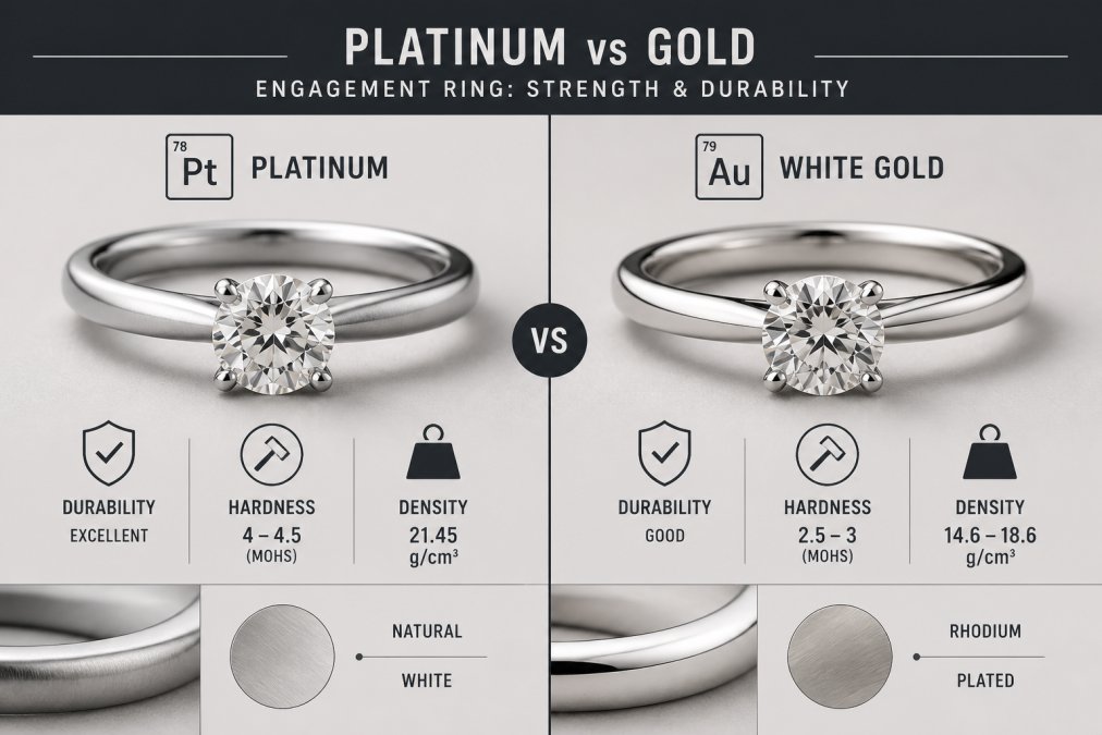 Comparison chart showing the strength and durability of platinum versus white gold rings