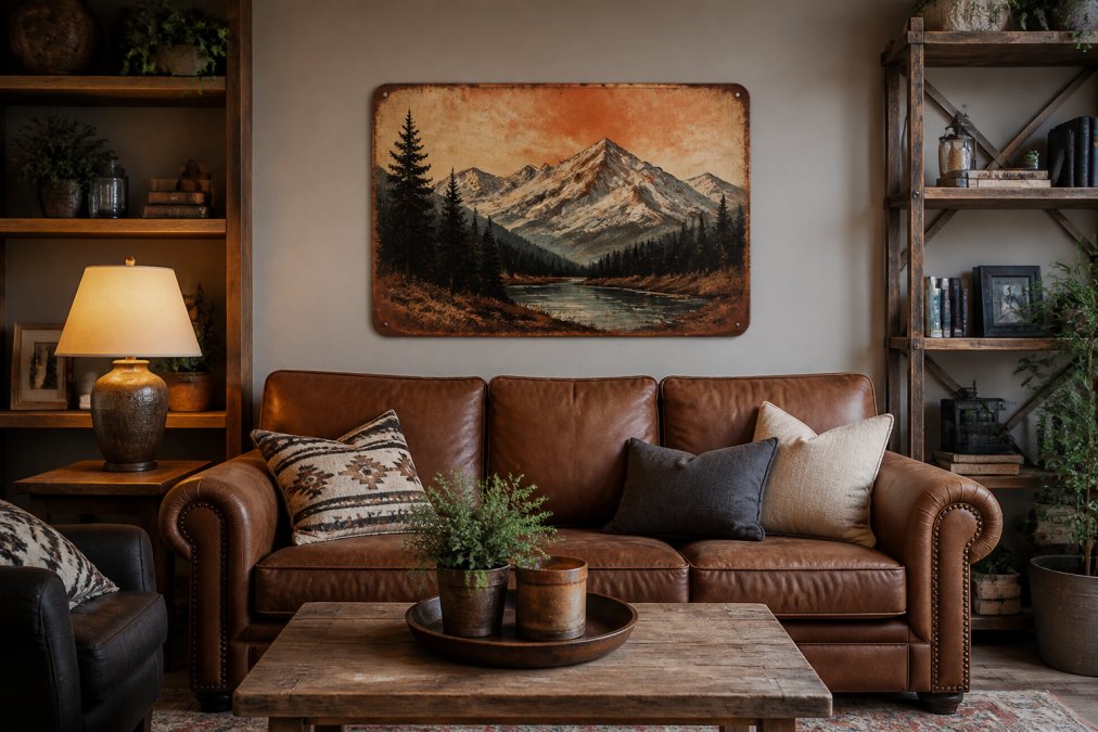A cozy living room with a vintage national park metal sign mounted above a leather sofa, surrounded by warm lighting and rustic wood shelving