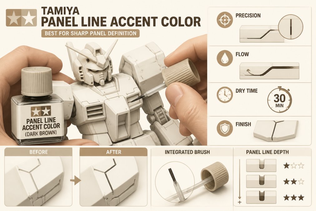 Close-up of a hobbyist's hands carefully applying Tamiya Panel Line Accent Color with the integrated brush into recessed panel lines on a white Gundam model kit, showing precise brush control and panel line depth