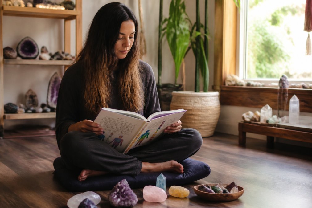A person sitting cross-legged on a meditation cushion with an open chakra book in their lap, surrounded by colorful crystals arranged on a wooden floor in warm natural light