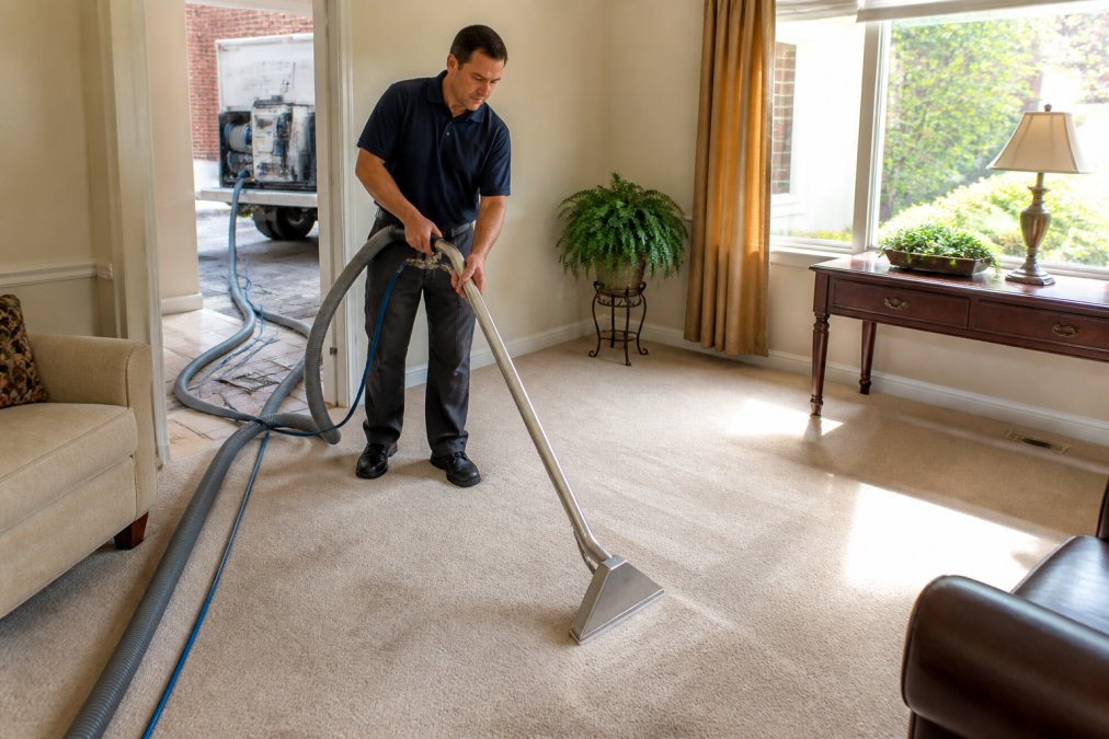 A professional technician in a clean suburban living room operating a truck-mounted carpet cleaning wand on a light beige residential carpet, with thick gray hoses running through the doorway and natural sunlight streaming through the window