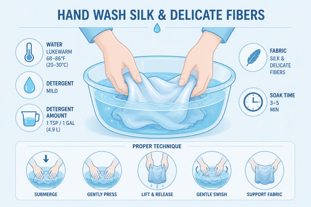 Hands gently submerging delicate silk garment in basin of lukewarm water with mild detergent, showing proper technique with clear water and careful hand positioning