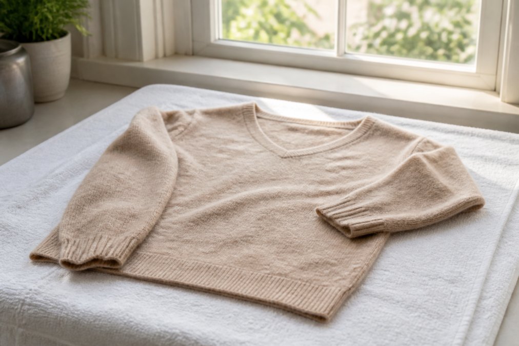 Delicate cashmere sweater laid flat on clean white towel to air dry indoors with natural soft light from window in background