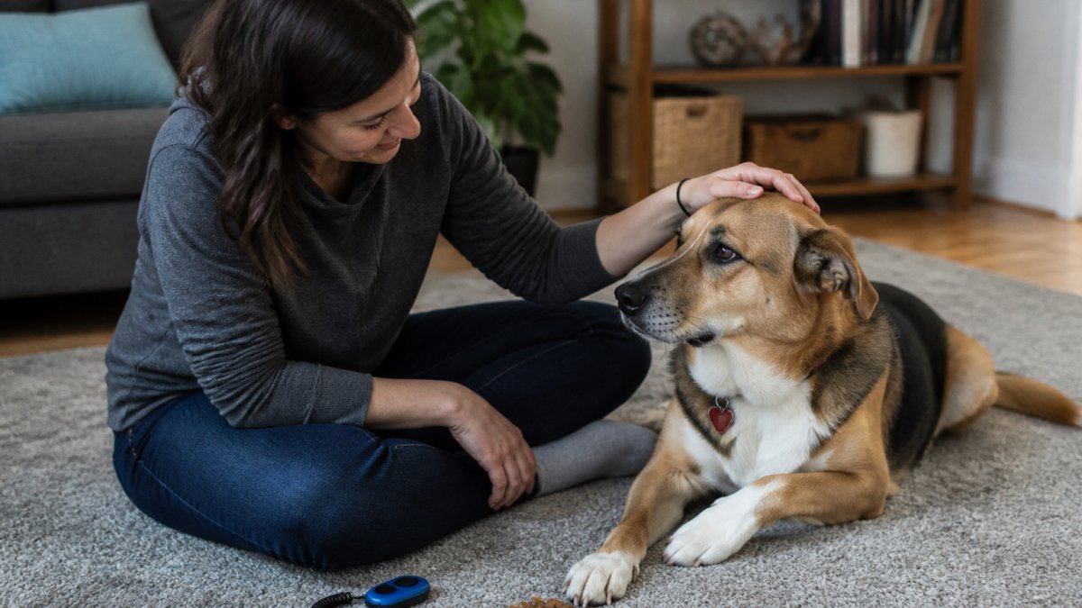 A calm, well-lit living room scene showing a person sitting on the floor gently petting a relaxed dog, with a training clicker and treats nearby