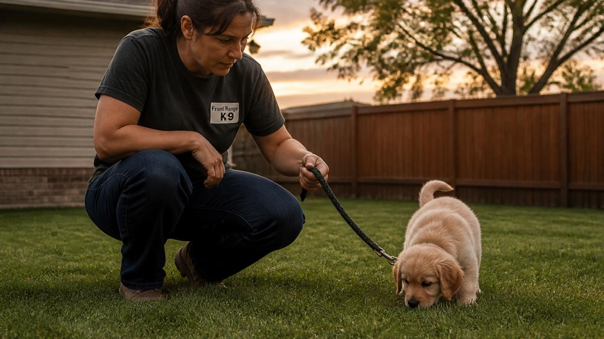 A dog owner crouching in a backyard at dusk, gently guiding a small puppy on a leash toward a designated potty spot on the grass