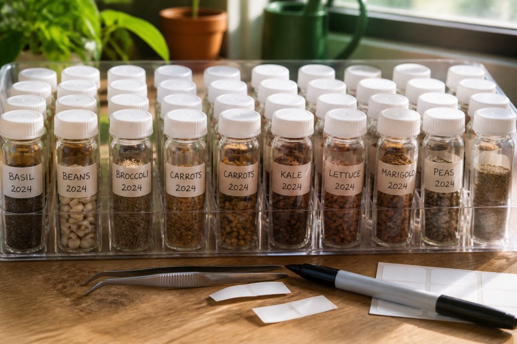 Process for organizing garden seeds in labeled vials using tweezers and pens on a wooden surface