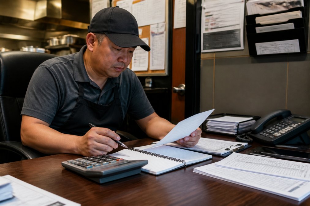 Restaurant manager reviewing financial reports and KPI dashboards on a computer screen in a quick service restaurant office setting