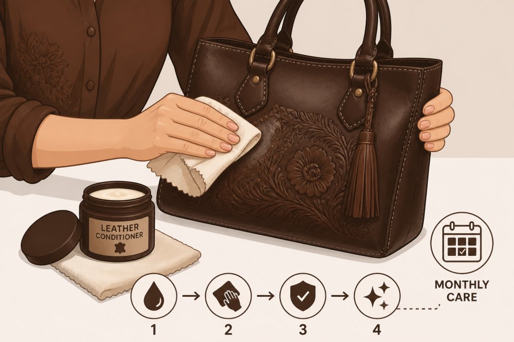 Woman's hands gently applying leather conditioner to a dark brown artisan-made leather handbag on a clean white table, with a soft cloth and small jar of conditioner visible nearby