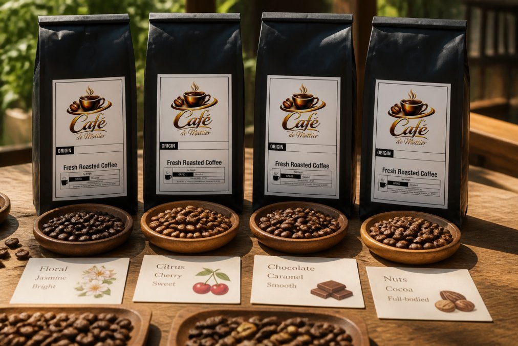Close-up of freshly roasted whole bean coffee from different origins arranged on a wooden surface with roast date labels and tasting note cards visible, natural morning light