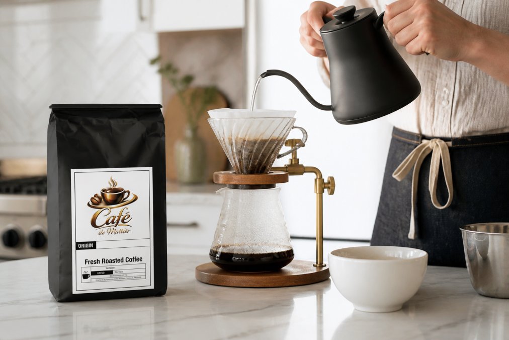 Hands pouring hot water into a pour-over dripper with specialty coffee equipment and a cupping bowl nearby, showing proper brewing technique in a bright kitchen setting