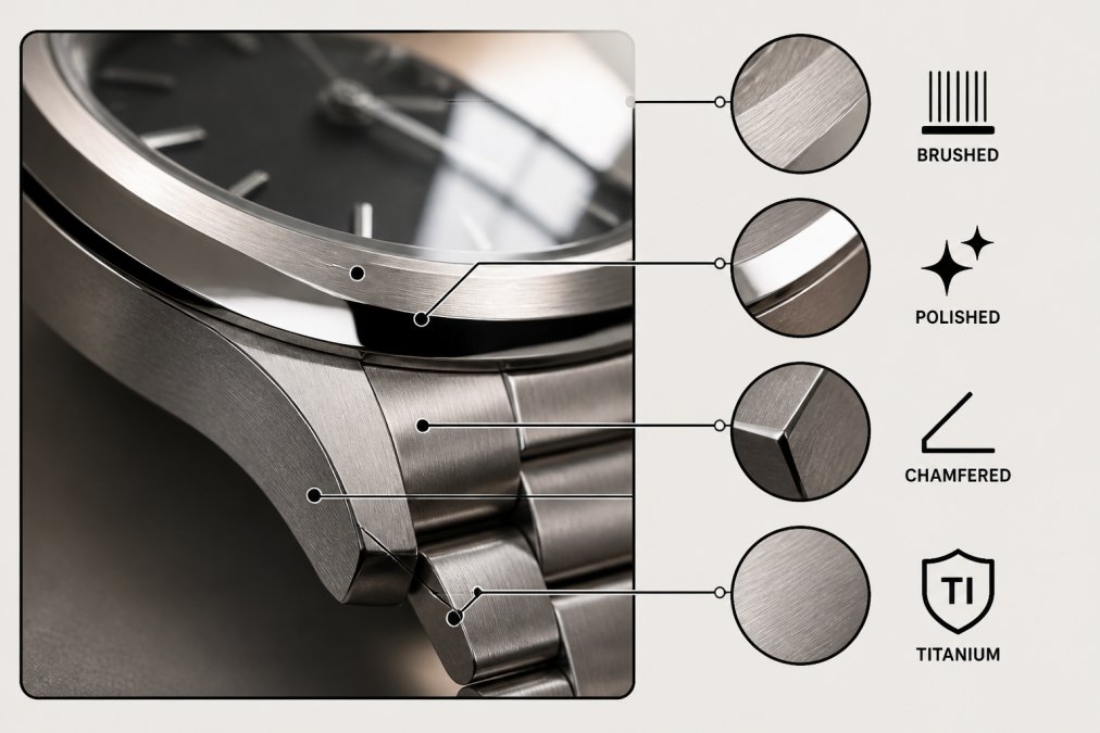 Close-up of a hand-finished titanium watch case showing brushed surfaces meeting polished bevels with chamfered edges, catching natural window light to reveal the textured depth of the finishing work