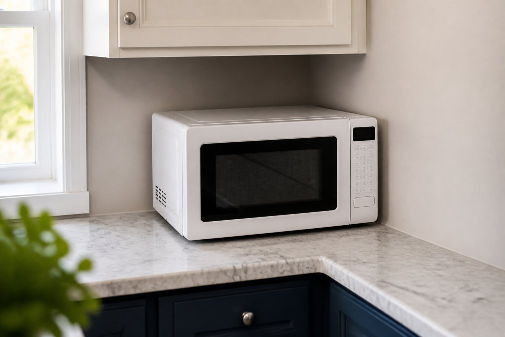 Compact white microwave positioned in kitchen corner between cabinet and wall, showing minimal countertop footprint with rounded back fitting snugly into corner space
