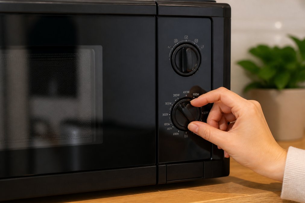 Close-up of microwave control panel with hand adjusting power level dial showing wattage settings from 100W to 900W, illuminated display visible