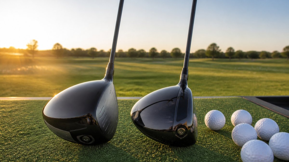 Two mid-range drivers standing on a driving range mat at golden hour, one with an oversized head and one with a heel-weighted sole, golf balls scattered nearby