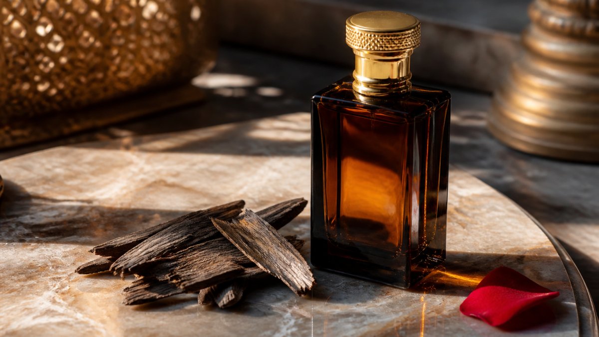 A close-up photograph of a dark amber glass perfume bottle with a gold cap resting on a marble surface, soft natural light catching the liquid inside, with dried oud wood chips and a single red rose petal arranged nearby