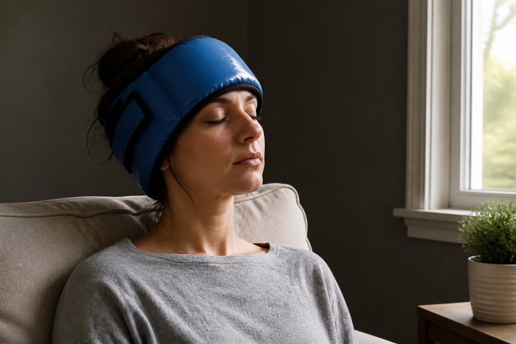 Person wearing a cold therapy head wrap while sitting in a dimly lit room with eyes closed, appearing calm and relieved, with soft natural light from a window