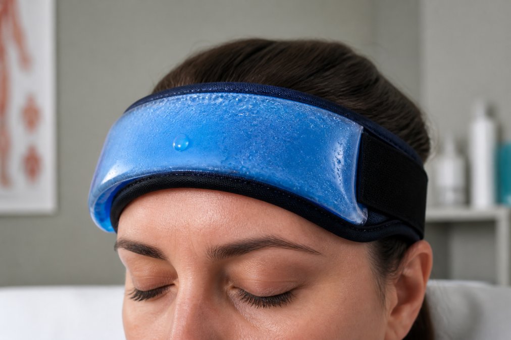 Close-up of a person's forehead and temples showing the placement of a cold therapy head wrap, with visible condensation on the gel pack indicating active cooling, in a clinical setting with neutral background