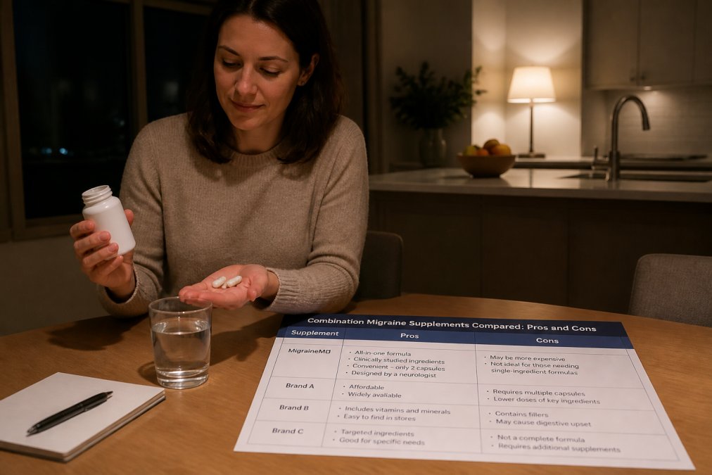 Infographic comparing pros and cons of various common combination supplement regimens for migraine relief