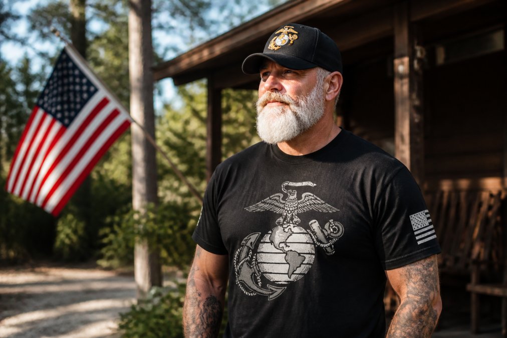 A veteran wearing a branch-specific embroidered cap and military-themed shirt standing outdoors near an American flag, looking confident and proud in afternoon sunlight