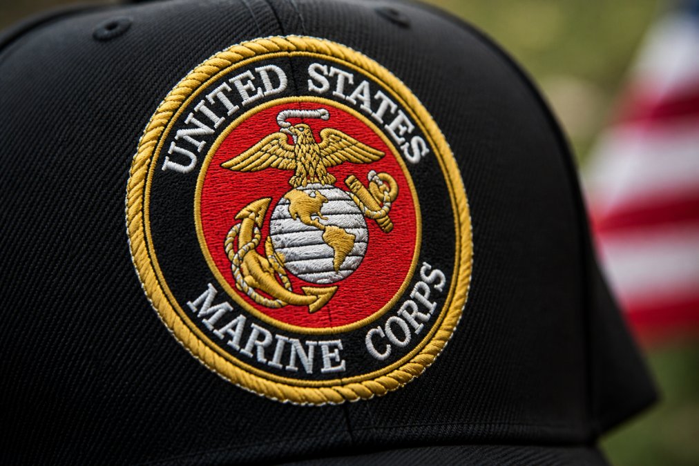 Close-up of embroidered military insignia on cap showing detailed embroidery craftsmanship, thread tension, and clarity of service branch emblem with precise stitching