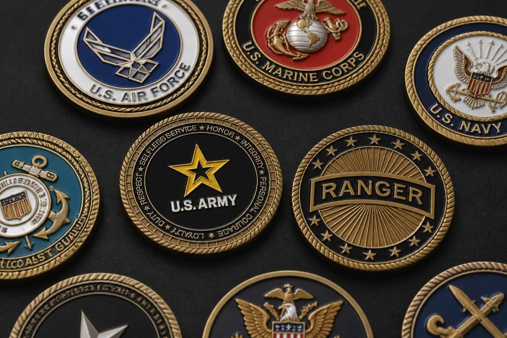 Close-up overhead shot of several military challenge coins displayed on a dark surface, showing detailed insignia and enamel work from different service branches with clear insignia relief