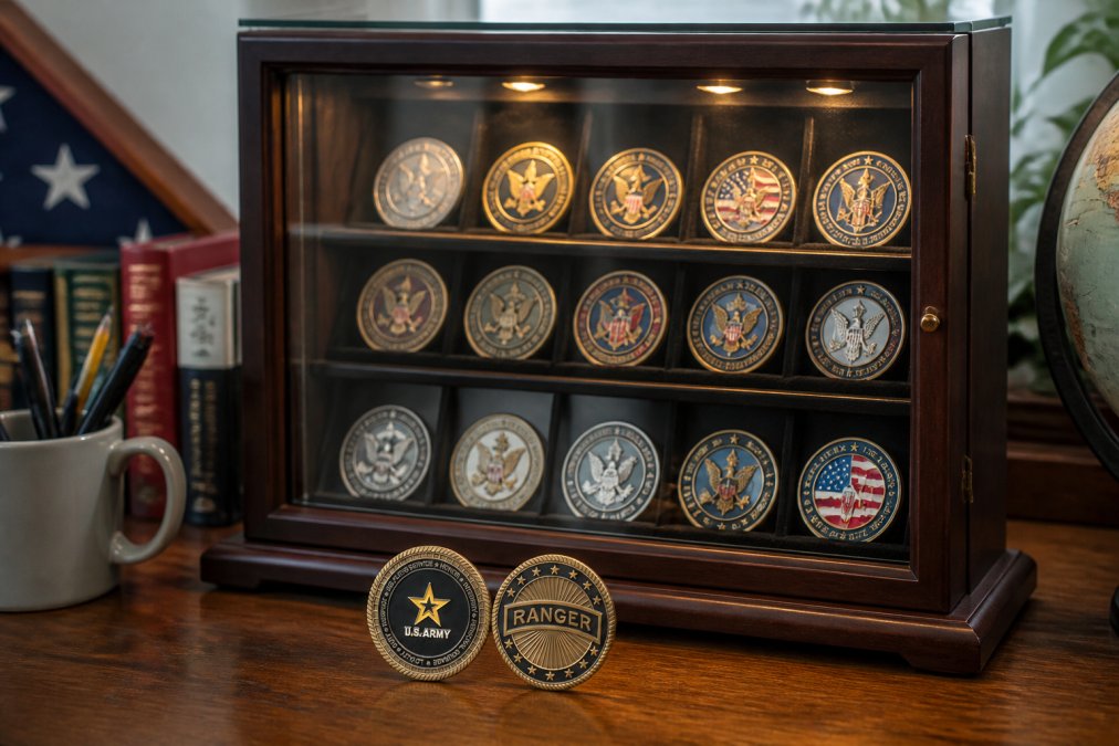 Well-organized military challenge coin collection displayed in a glass presentation case with individual coin compartments and proper lighting highlighting the insignia and enamel details