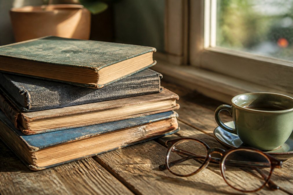 A close-up of a stack of worn military history memoirs on a wooden desk, with a pair of reading glasses and a cup of coffee nearby, soft afternoon light through a window