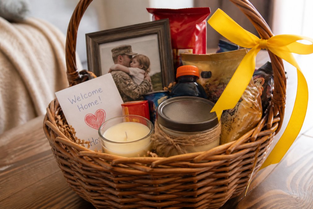 A decorated welcome home gift basket filled with snacks, a small framed photo, candles, and a handwritten card on a wooden table with a yellow ribbon tied to the handle